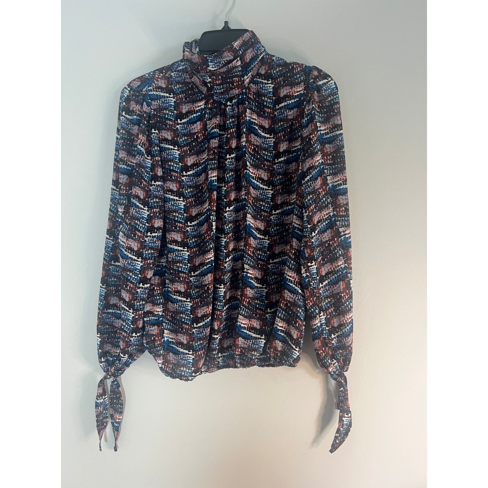 Veronica M Mock Neck Tie Cuff Blouse Abstract Print Blue Red Small TF-1447